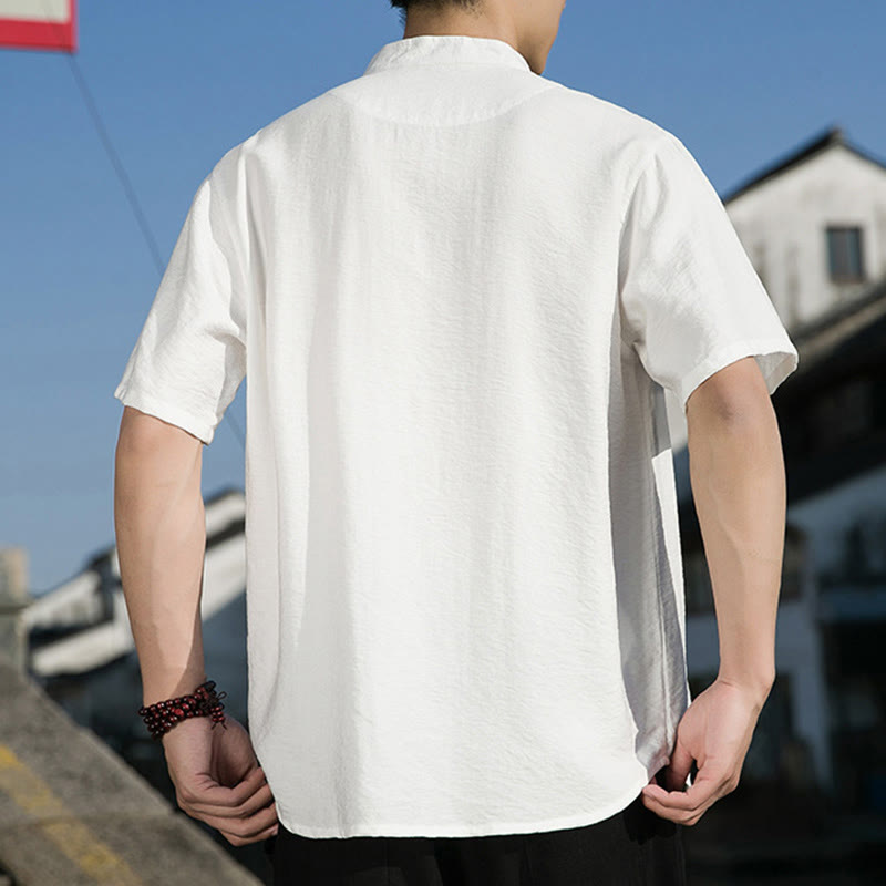Summer Solid Color Front Button Design Men's Half Sleeve Cotton Shirt