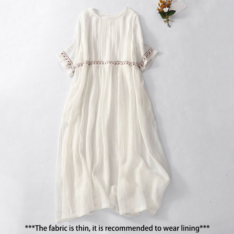 Breathable Cotton Blend Relaxed Midi Dress with Subtle Embroidery