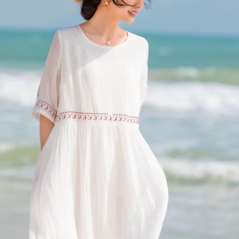 Breathable Cotton Blend Relaxed Midi Dress with Subtle Embroidery