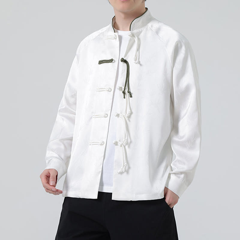 Spring Jacquard Bamboo Leaves Pattern Chinese Frog-Button Design Men's Long Sleeve Shirt