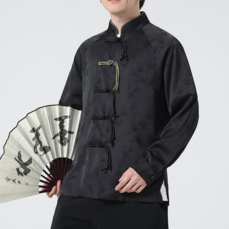 Spring Jacquard Bamboo Leaves Pattern Chinese Frog-Button Design Men's Long Sleeve Shirt