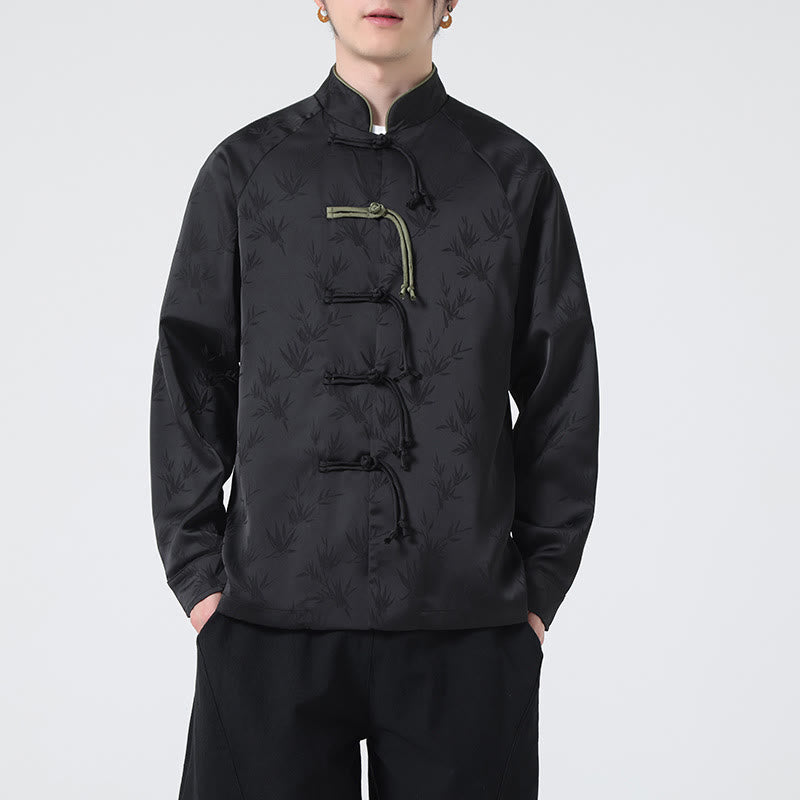 Spring Jacquard Bamboo Leaves Pattern Chinese Frog-Button Design Men's Long Sleeve Shirt