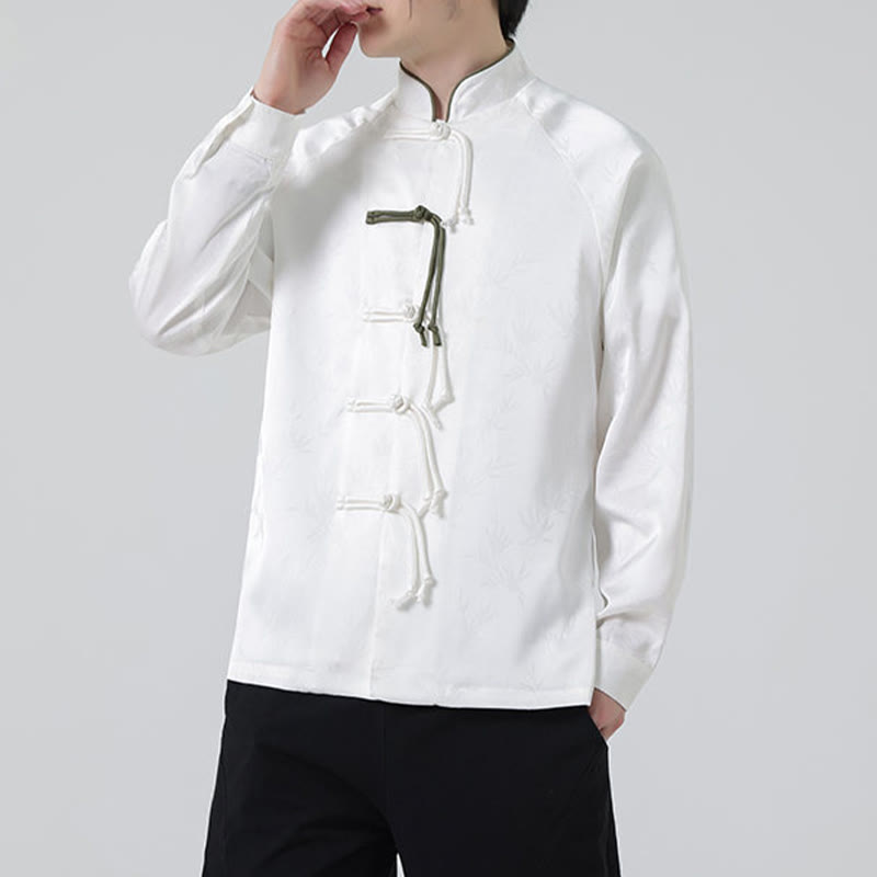 Spring Jacquard Bamboo Leaves Pattern Chinese Frog-Button Design Men's Long Sleeve Shirt
