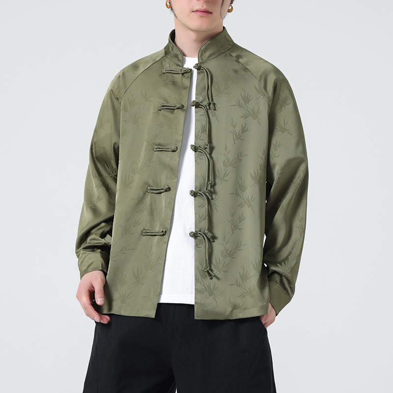Spring Jacquard Bamboo Leaves Pattern Chinese Frog-Button Design Men's Long Sleeve Shirt