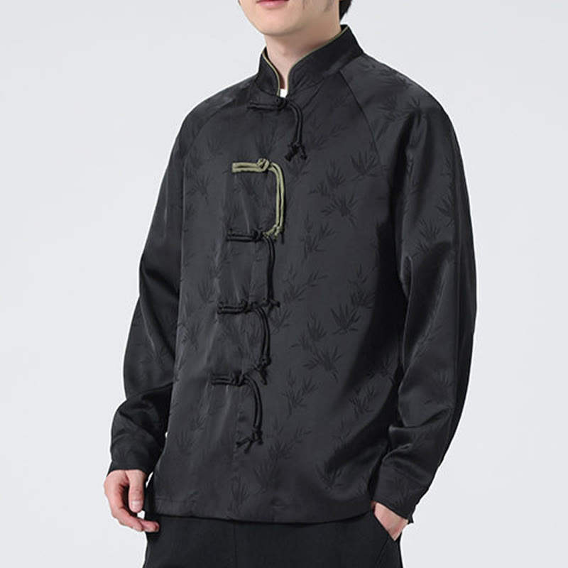 Spring Jacquard Bamboo Leaves Pattern Chinese Frog-Button Design Men's Long Sleeve Shirt
