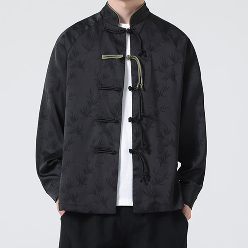 Spring Jacquard Bamboo Leaves Pattern Chinese Frog-Button Design Men's Long Sleeve Shirt