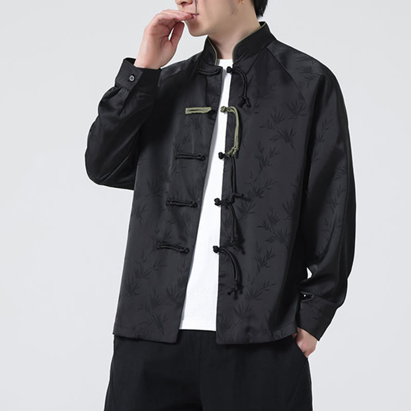 Spring Jacquard Bamboo Leaves Pattern Chinese Frog-Button Design Men's Long Sleeve Shirt