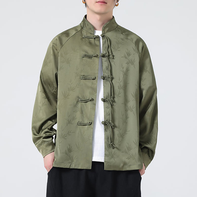 Spring Jacquard Bamboo Leaves Pattern Chinese Frog-Button Design Men's Long Sleeve Shirt