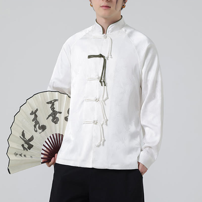 Spring Jacquard Bamboo Leaves Pattern Chinese Frog-Button Design Men's Long Sleeve Shirt