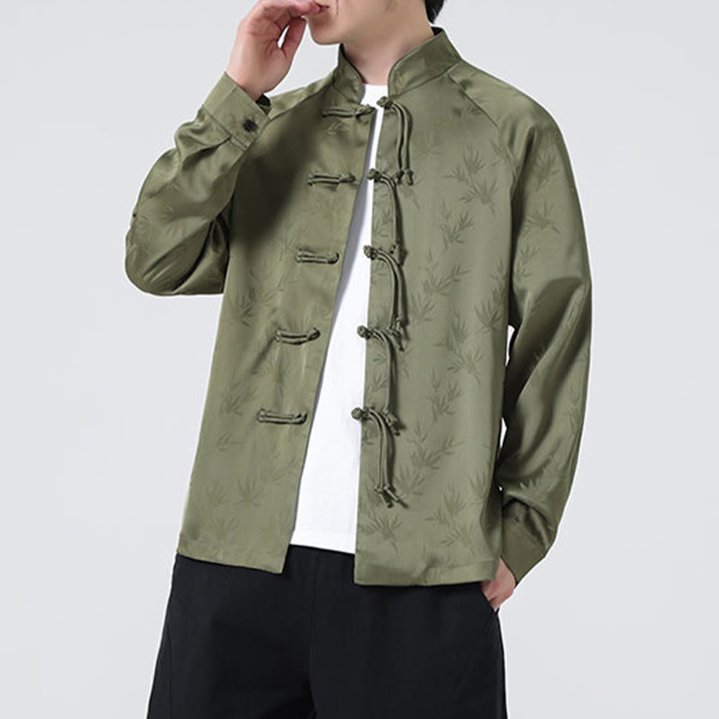 Spring Jacquard Bamboo Leaves Pattern Chinese Frog-Button Design Men's Long Sleeve Shirt