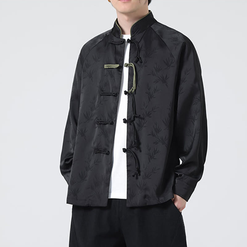 Spring Jacquard Bamboo Leaves Pattern Chinese Frog-Button Design Men's Long Sleeve Shirt