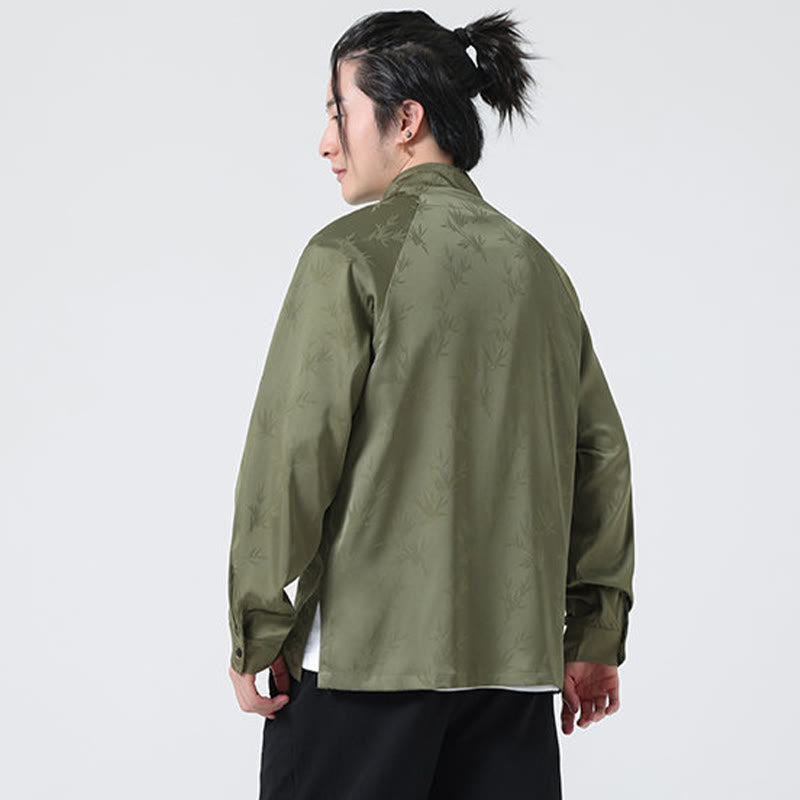 Spring Jacquard Bamboo Leaves Pattern Chinese Frog-Button Design Men's Long Sleeve Shirt