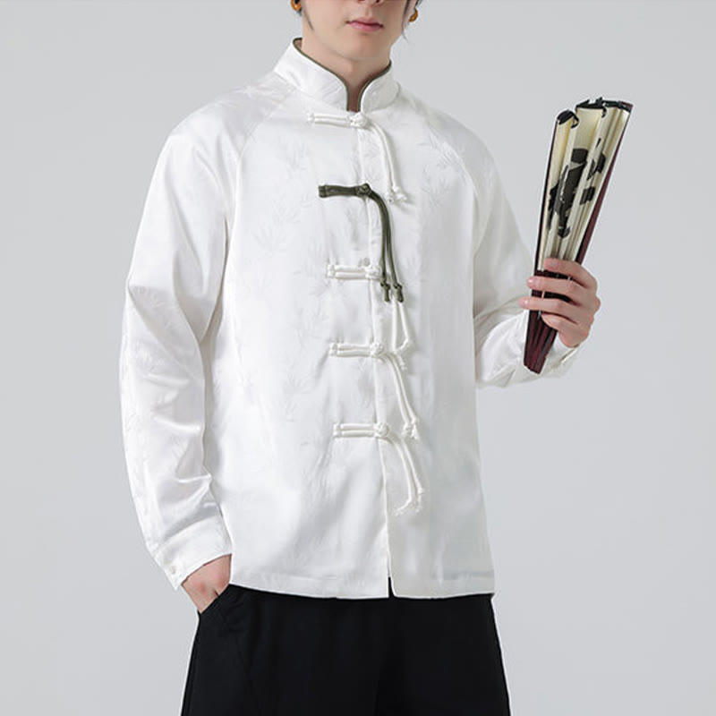 Spring Jacquard Bamboo Leaves Pattern Chinese Frog-Button Design Men's Long Sleeve Shirt
