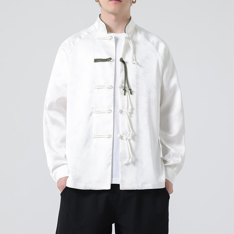 Spring Jacquard Bamboo Leaves Pattern Chinese Frog-Button Design Men's Long Sleeve Shirt