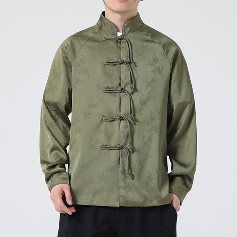 Spring Jacquard Bamboo Leaves Pattern Chinese Frog-Button Design Men's Long Sleeve Shirt