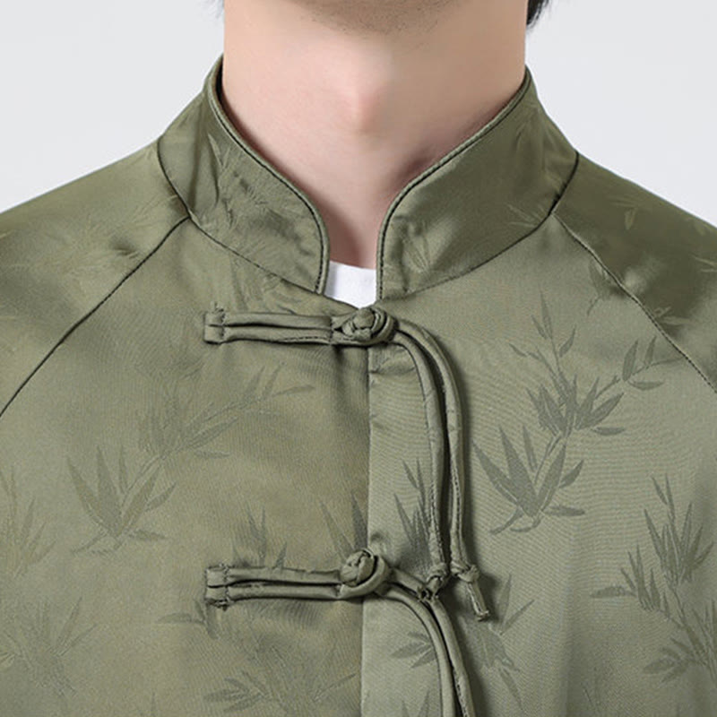 Spring Jacquard Bamboo Leaves Pattern Chinese Frog-Button Design Men's Long Sleeve Shirt