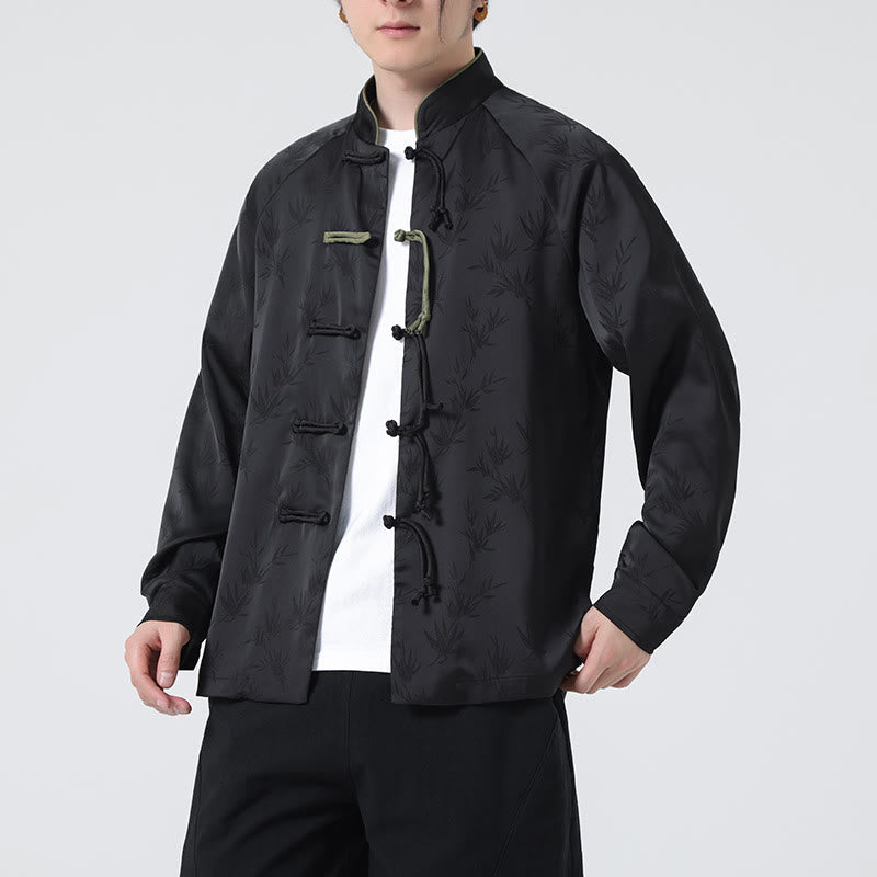Spring Jacquard Bamboo Leaves Pattern Chinese Frog-Button Design Men's Long Sleeve Shirt