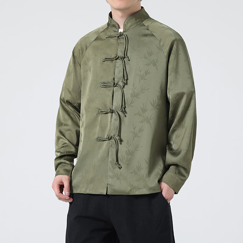 Spring Jacquard Bamboo Leaves Pattern Chinese Frog-Button Design Men's Long Sleeve Shirt
