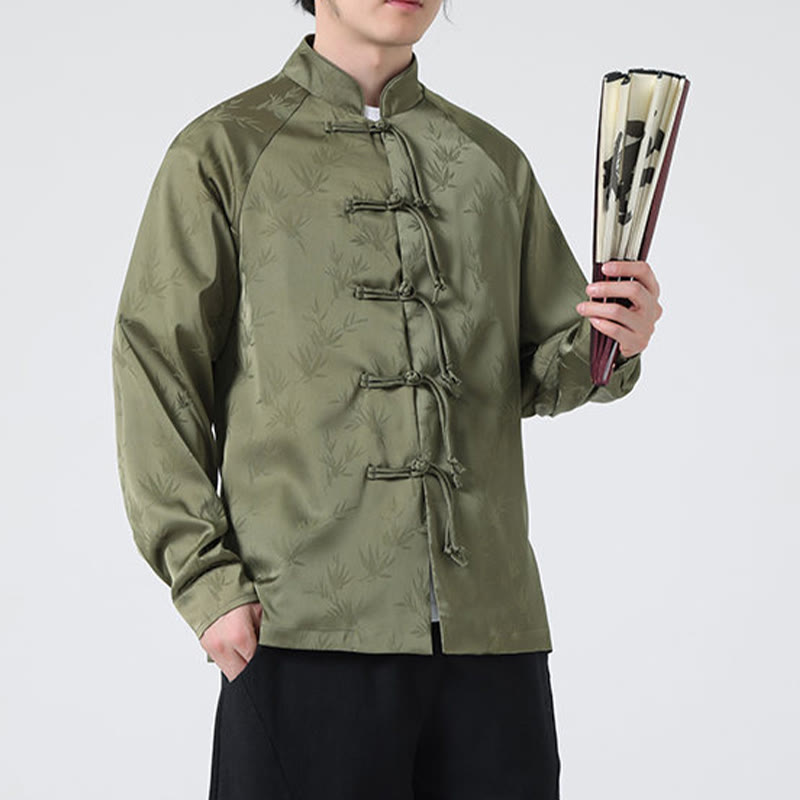 Spring Jacquard Bamboo Leaves Pattern Chinese Frog-Button Design Men's Long Sleeve Shirt