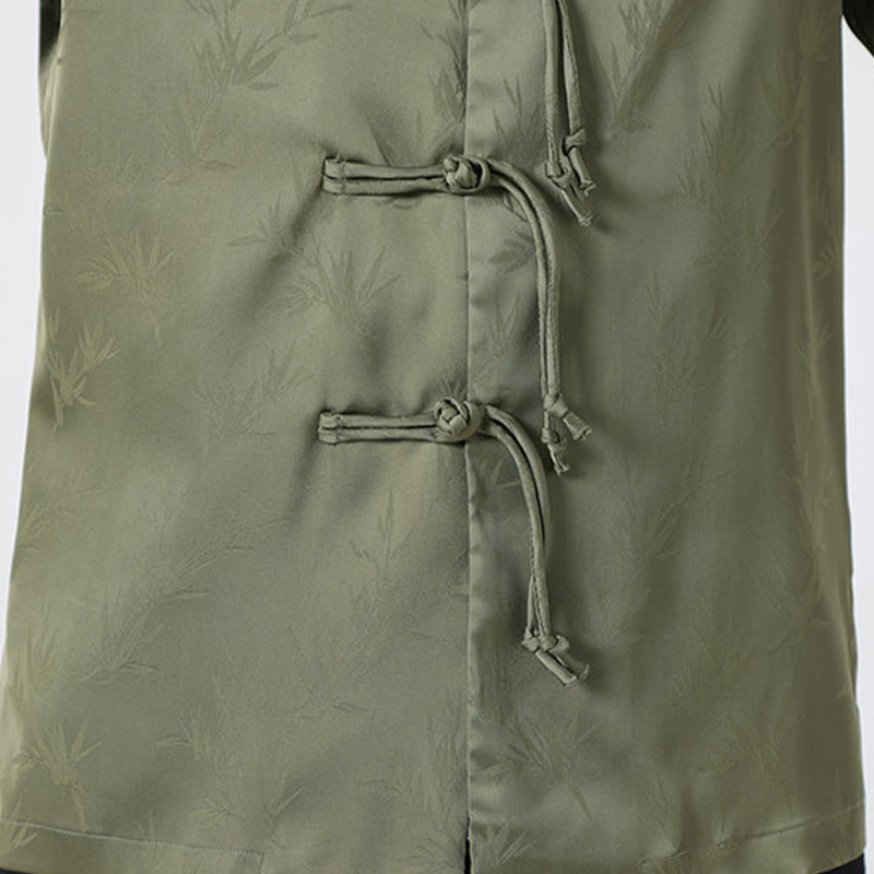 Spring Jacquard Bamboo Leaves Pattern Chinese Frog-Button Design Men's Long Sleeve Shirt