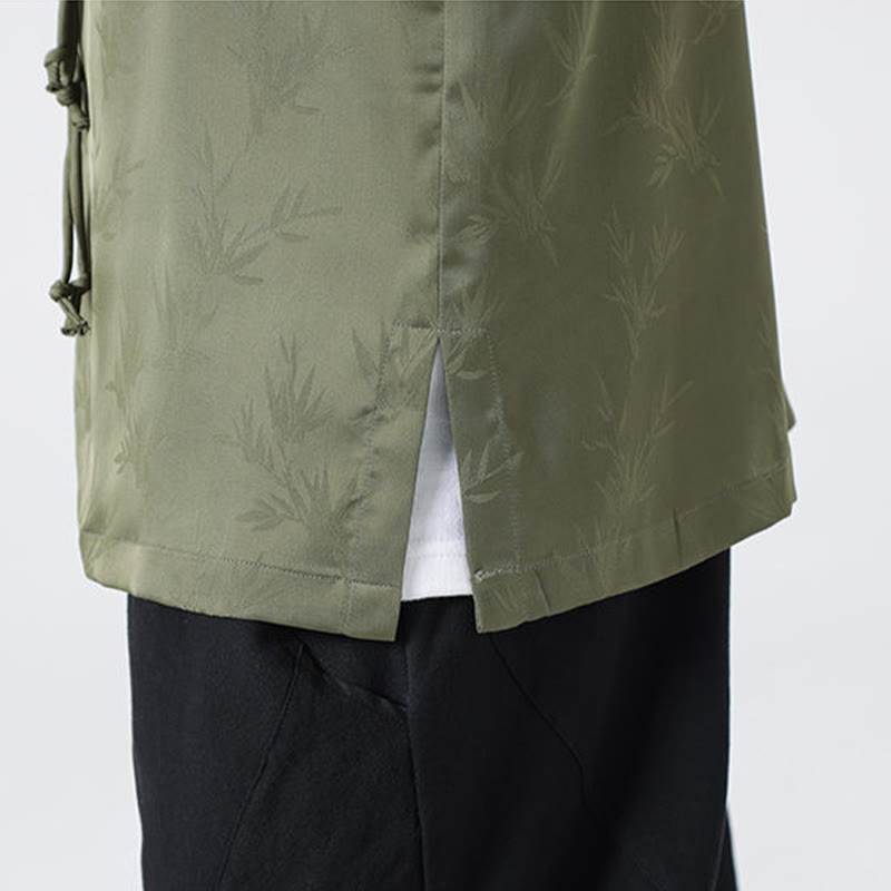 Spring Jacquard Bamboo Leaves Pattern Chinese Frog-Button Design Men's Long Sleeve Shirt
