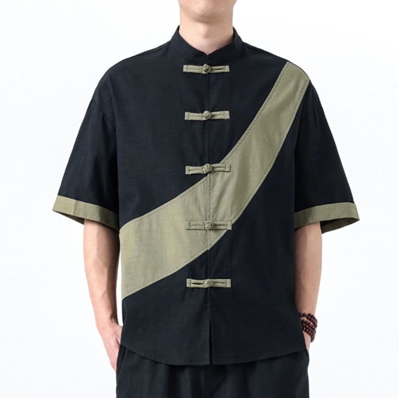 Cotton Linen Half-Sleeve Stand Collar Meditation Shirt