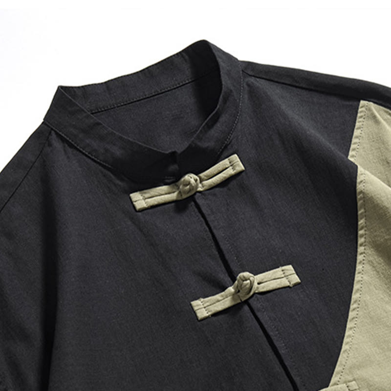 Cotton Linen Half-Sleeve Stand Collar Meditation Shirt