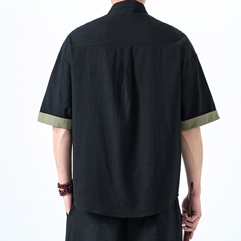 Cotton Linen Half-Sleeve Stand Collar Meditation Shirt