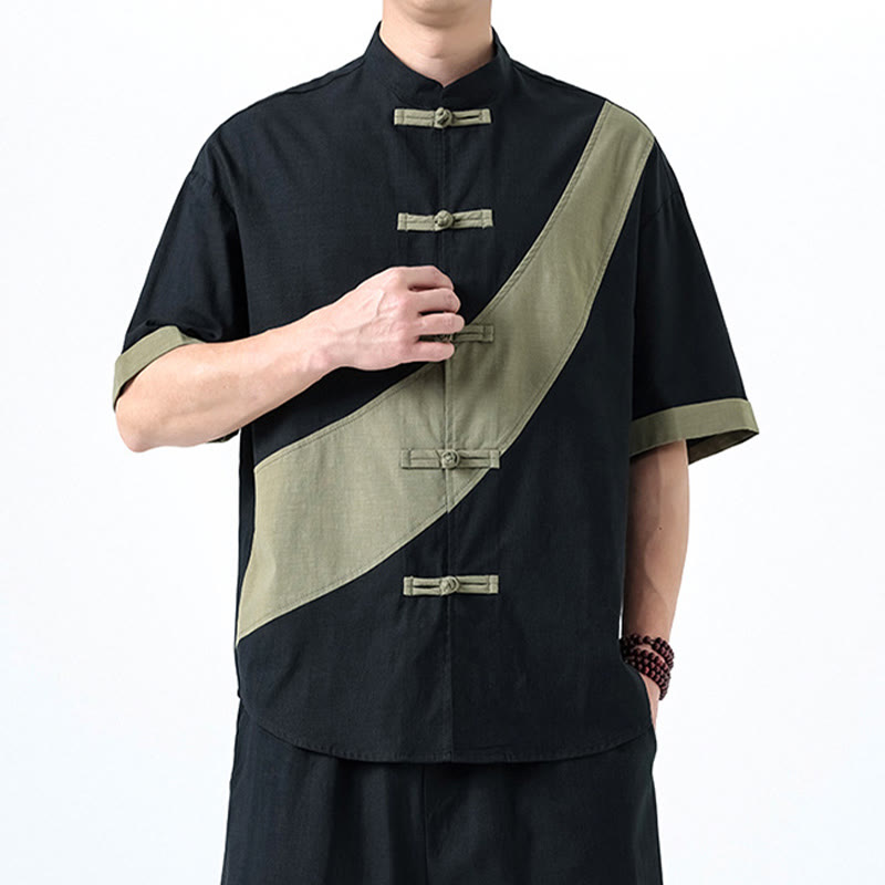 Cotton Linen Half-Sleeve Stand Collar Meditation Shirt
