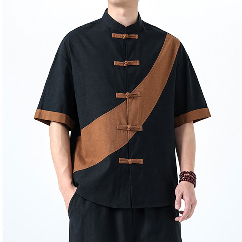 Cotton Linen Half-Sleeve Stand Collar Meditation Shirt