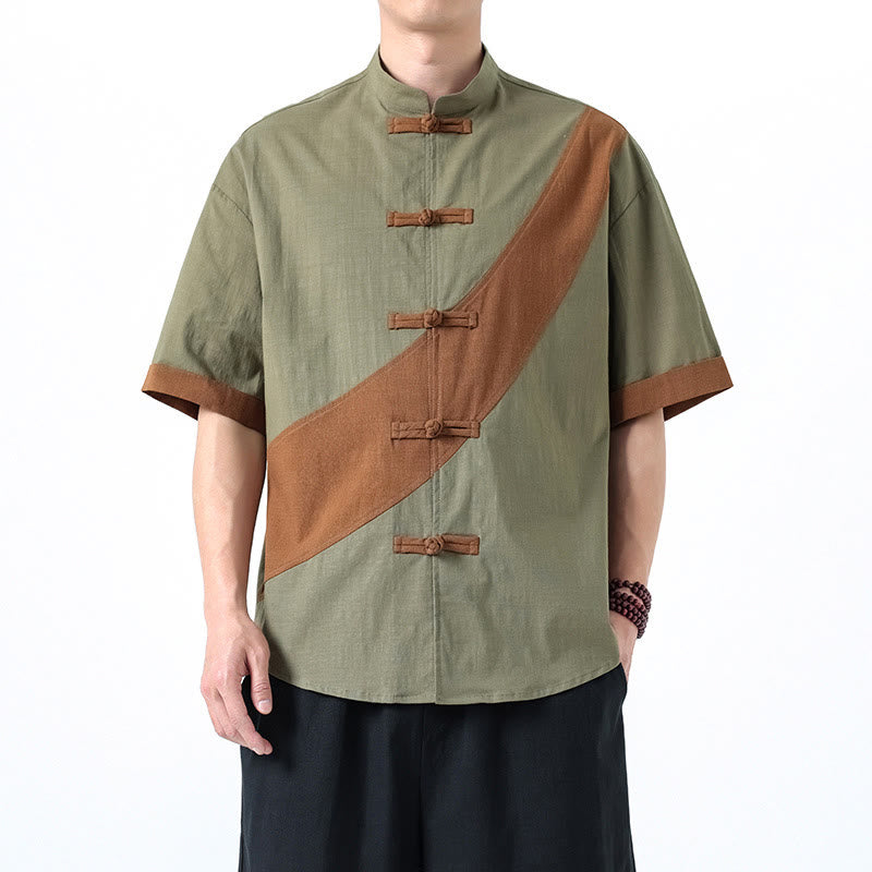 Cotton Linen Half-Sleeve Stand Collar Meditation Shirt
