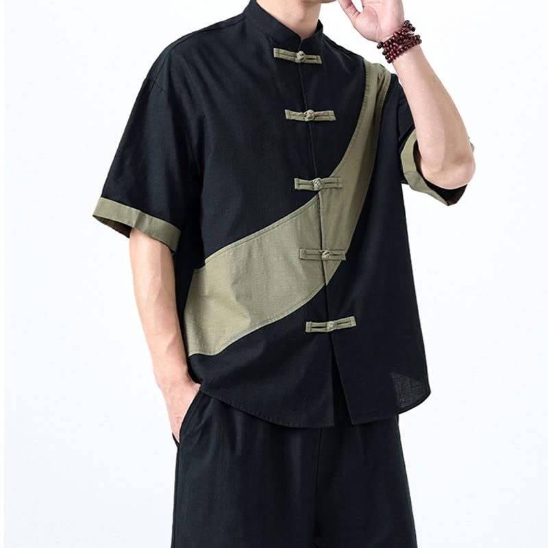 Cotton Linen Half-Sleeve Stand Collar Meditation Shirt