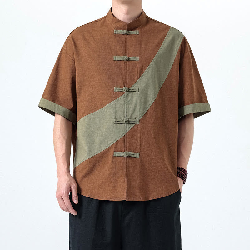 Cotton Linen Half-Sleeve Stand Collar Meditation Shirt