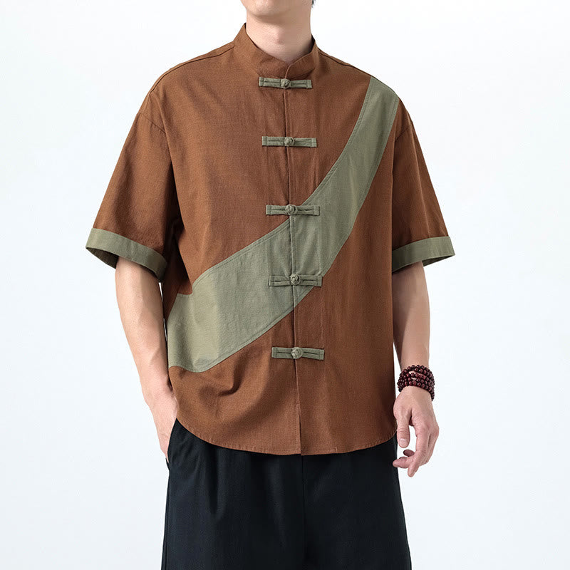 Cotton Linen Half-Sleeve Stand Collar Meditation Shirt