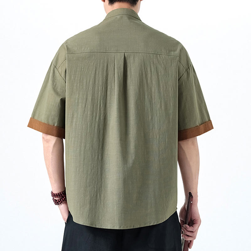 Cotton Linen Half-Sleeve Stand Collar Meditation Shirt