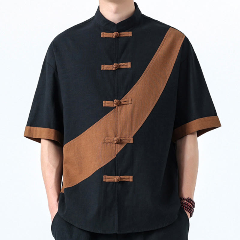 Cotton Linen Half-Sleeve Stand Collar Meditation Shirt
