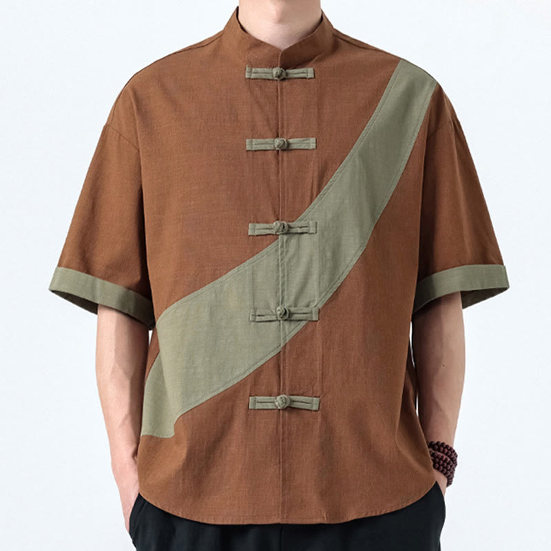 Cotton Linen Half-Sleeve Stand Collar Meditation Shirt