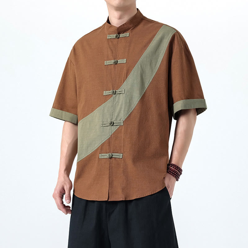 Cotton Linen Half-Sleeve Stand Collar Meditation Shirt