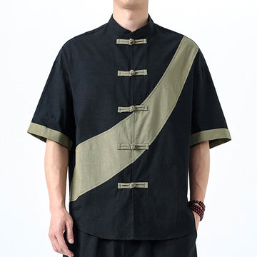 Cotton Linen Half-Sleeve Stand Collar Meditation Shirt