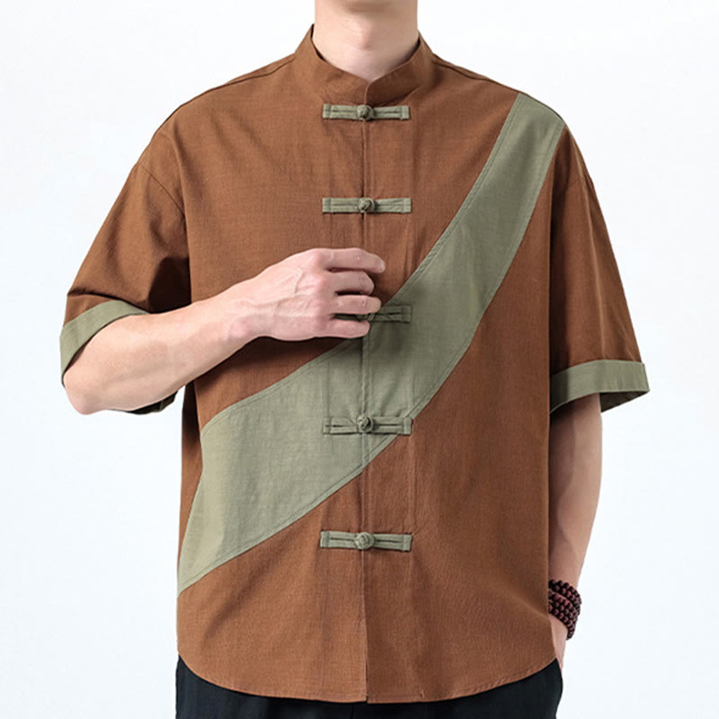 Cotton Linen Half-Sleeve Stand Collar Meditation Shirt