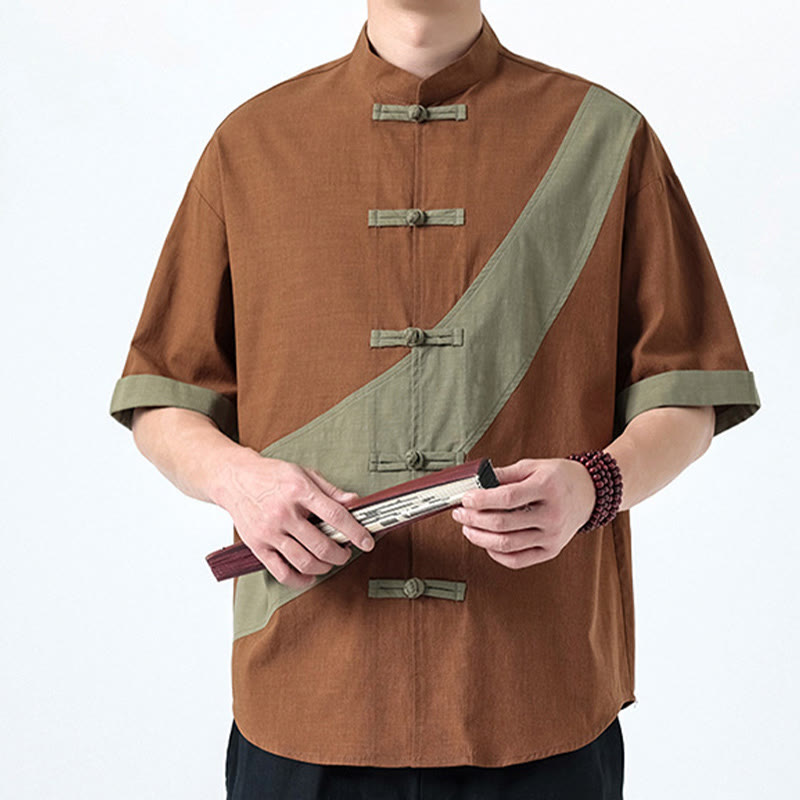 Cotton Linen Half-Sleeve Stand Collar Meditation Shirt