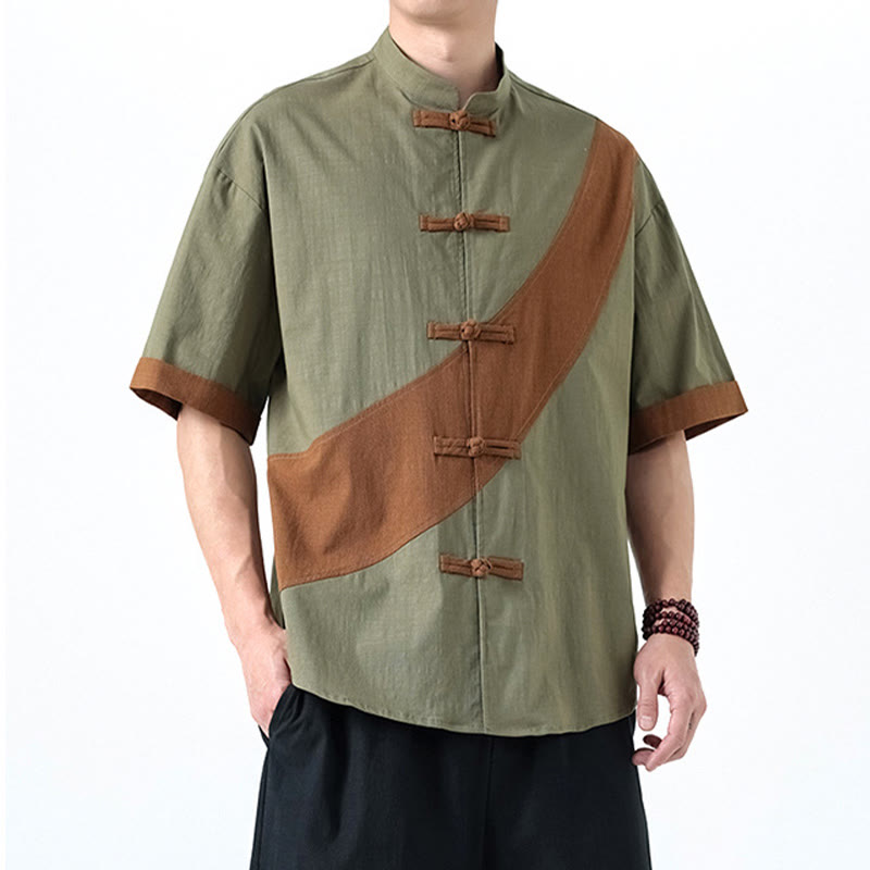 Cotton Linen Half-Sleeve Stand Collar Meditation Shirt