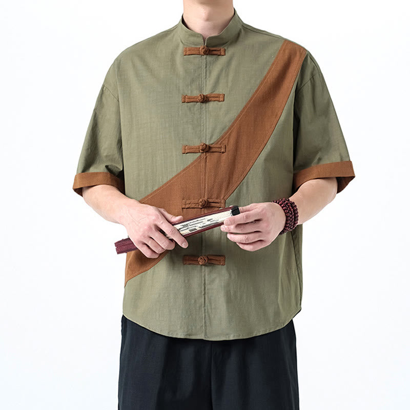 Cotton Linen Half-Sleeve Stand Collar Meditation Shirt
