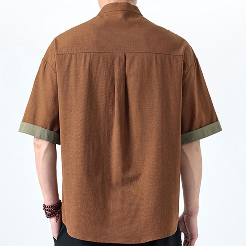 Cotton Linen Half-Sleeve Stand Collar Meditation Shirt