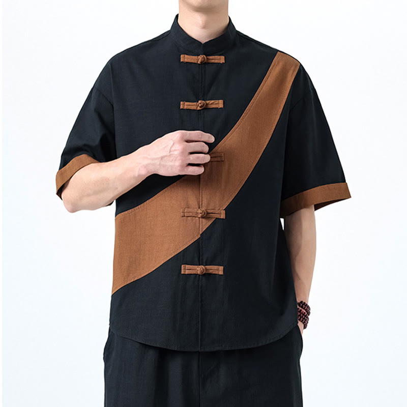 Cotton Linen Half-Sleeve Stand Collar Meditation Shirt