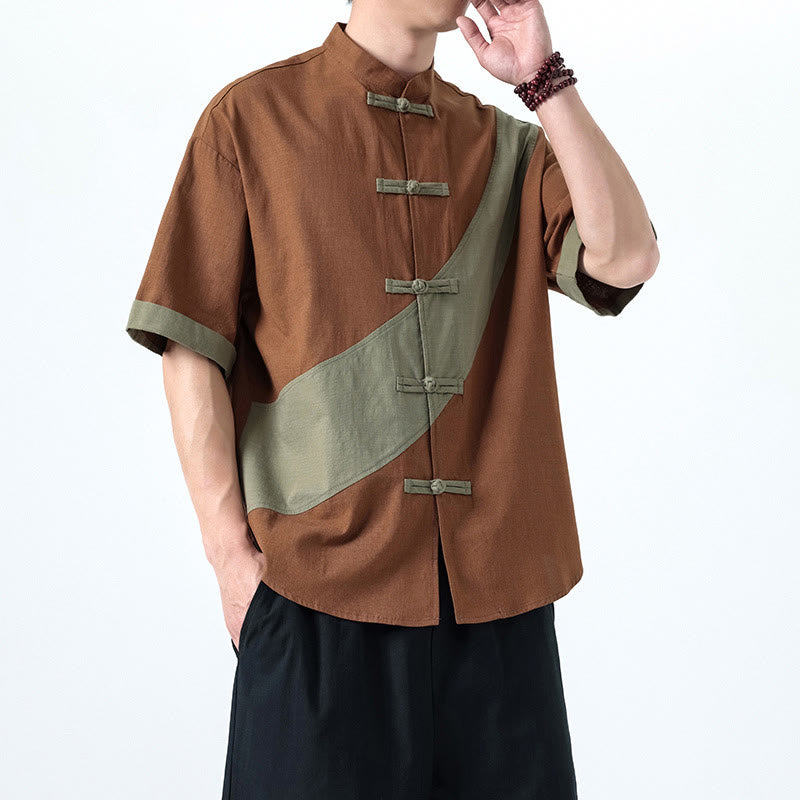 Cotton Linen Half-Sleeve Stand Collar Meditation Shirt
