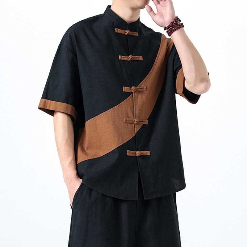 Cotton Linen Half-Sleeve Stand Collar Meditation Shirt