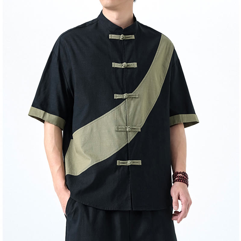 Cotton Linen Half-Sleeve Stand Collar Meditation Shirt