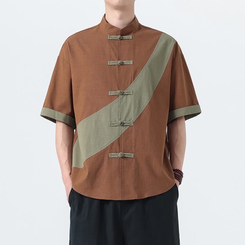 Cotton Linen Half-Sleeve Stand Collar Meditation Shirt