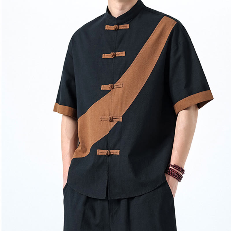 Cotton Linen Half-Sleeve Stand Collar Meditation Shirt